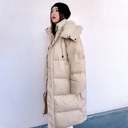 Long length large size down jacket women's new winter fashion version of loose and thick warm hooded white duck  down coat