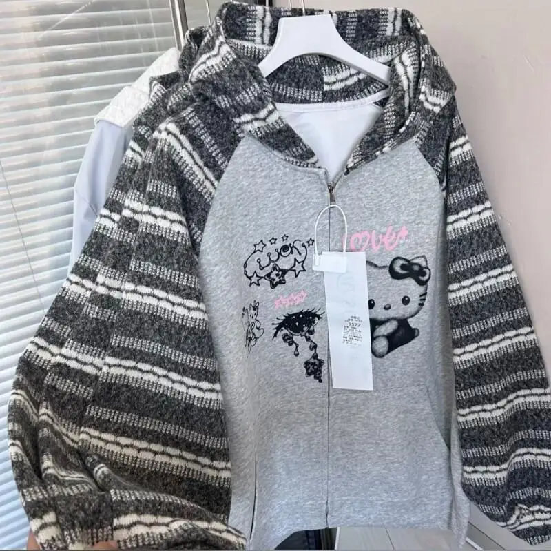 

Толстовка с капюшоном Sanrio Hello Kitty в азиатском стиле с полосками и пэчворком для девочек, весенне-осенняя универсальная куртка в непринужденном стиле