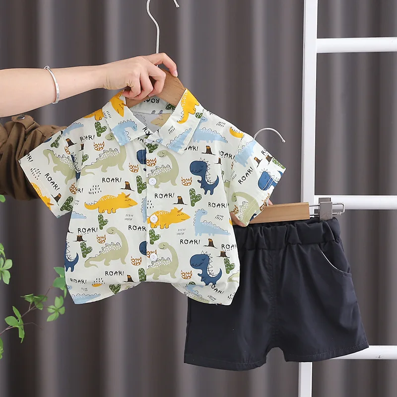 Kids Casual Clothes Sets Summer Baby Boy Beach Suits 2PCS Short Sleeves Dinosaur Print Shirt + Shorts Children Outfits