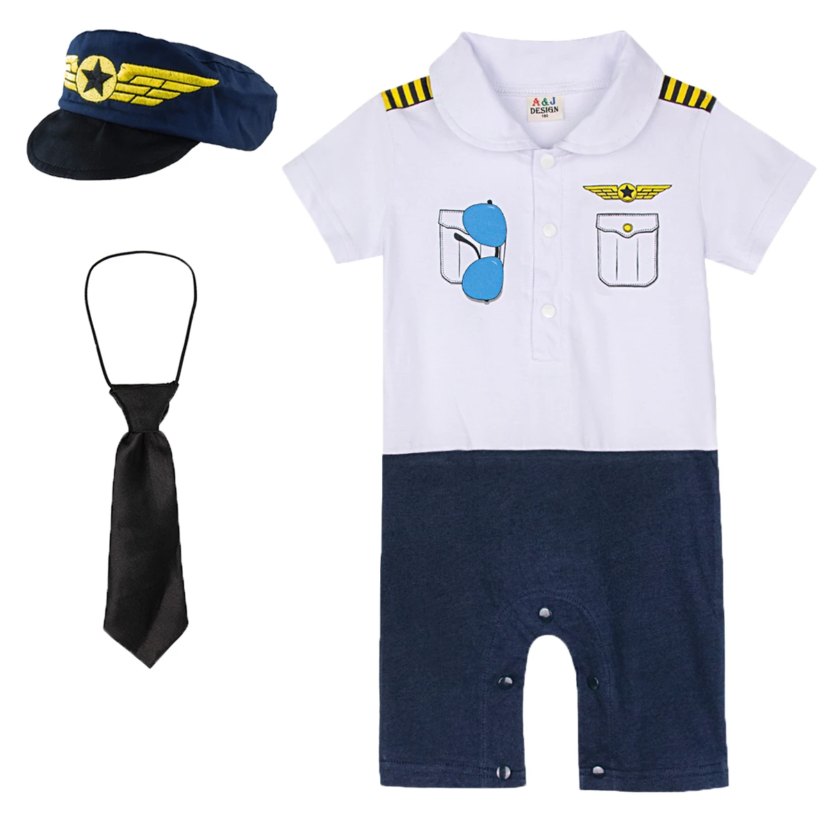 Baby Boy Pilot Costume Infant Carnival Outfit with Hat Tie Cosplay Romper Pilot Uniform Halloween Clothes Sets