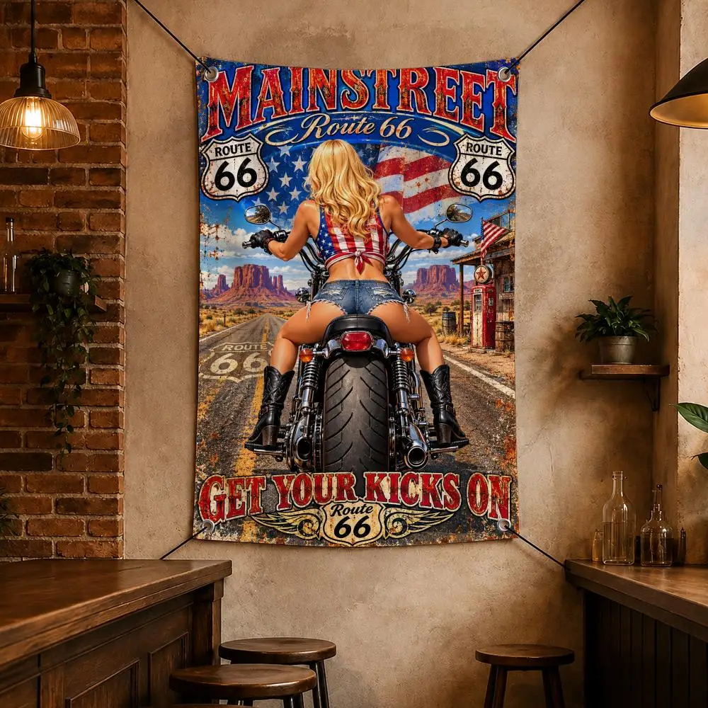 Retro Travel R-Route 66 Vintage Banner Flags Flag for Bedroom Garage Home Bar Gaming Room Dorm Wall Decor Gift