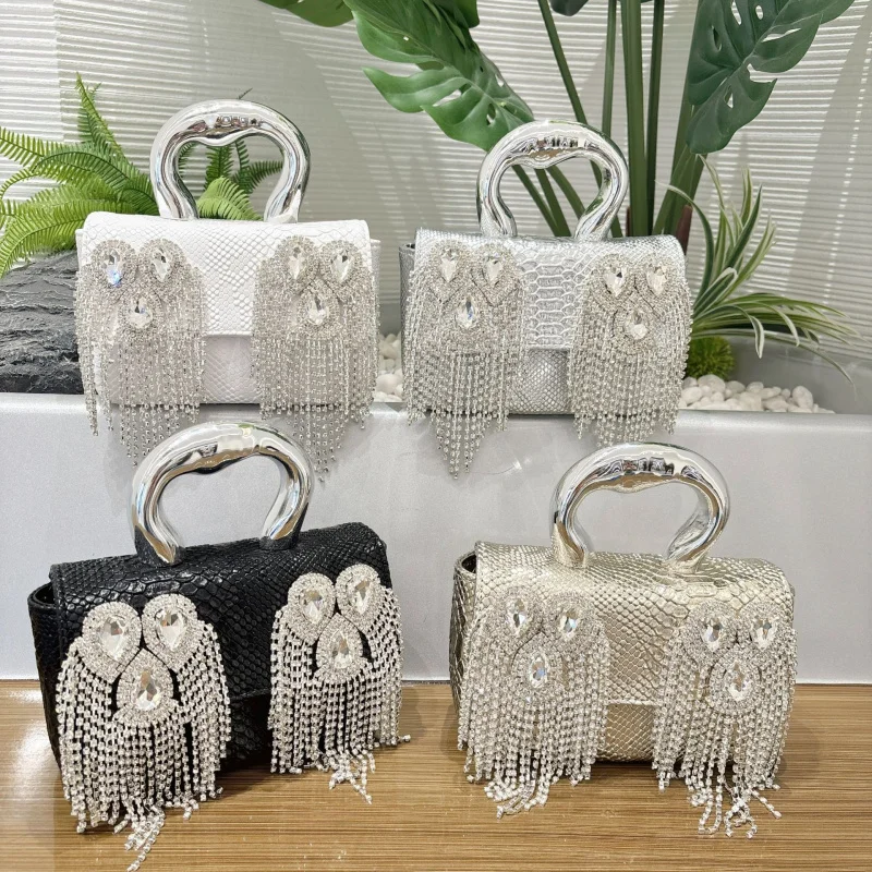 

French-style fashion high-end tassel bag with rhinestones, new evening chain shoulder and crossbody bag