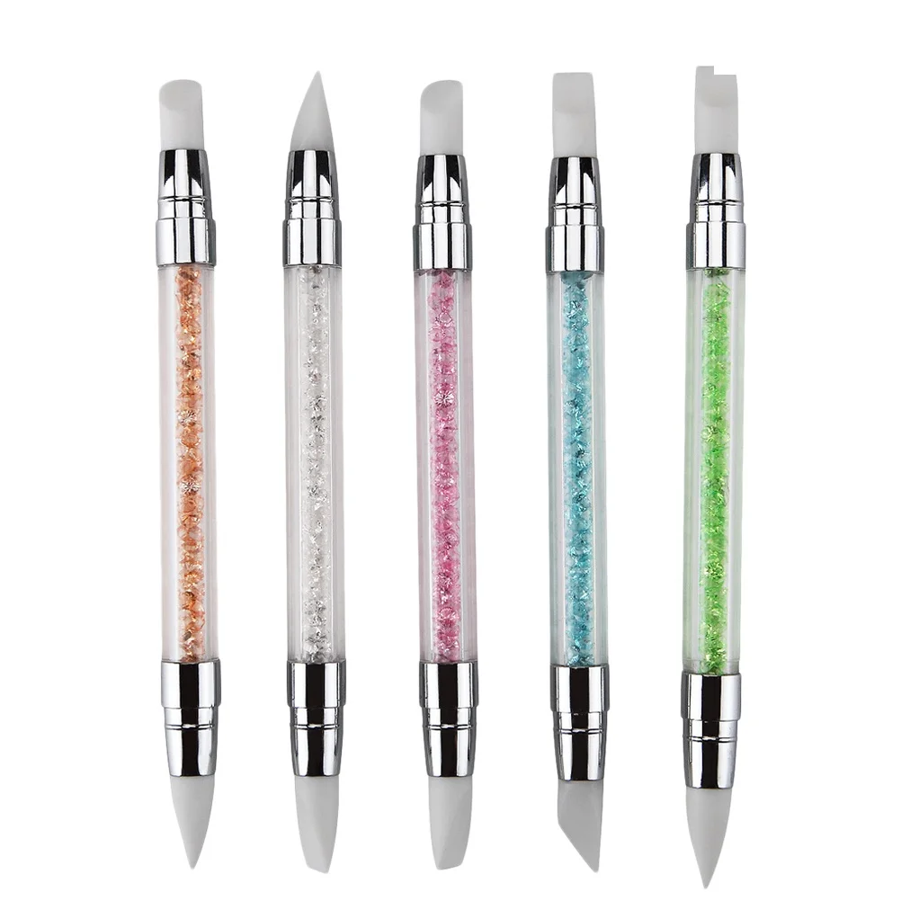 5 Stück Nail Art Schnitzstifte Silikonkopf Dual Tip Design Kristall Strass Griff Klare Acrylschlauch für Blumenschnitzmuster