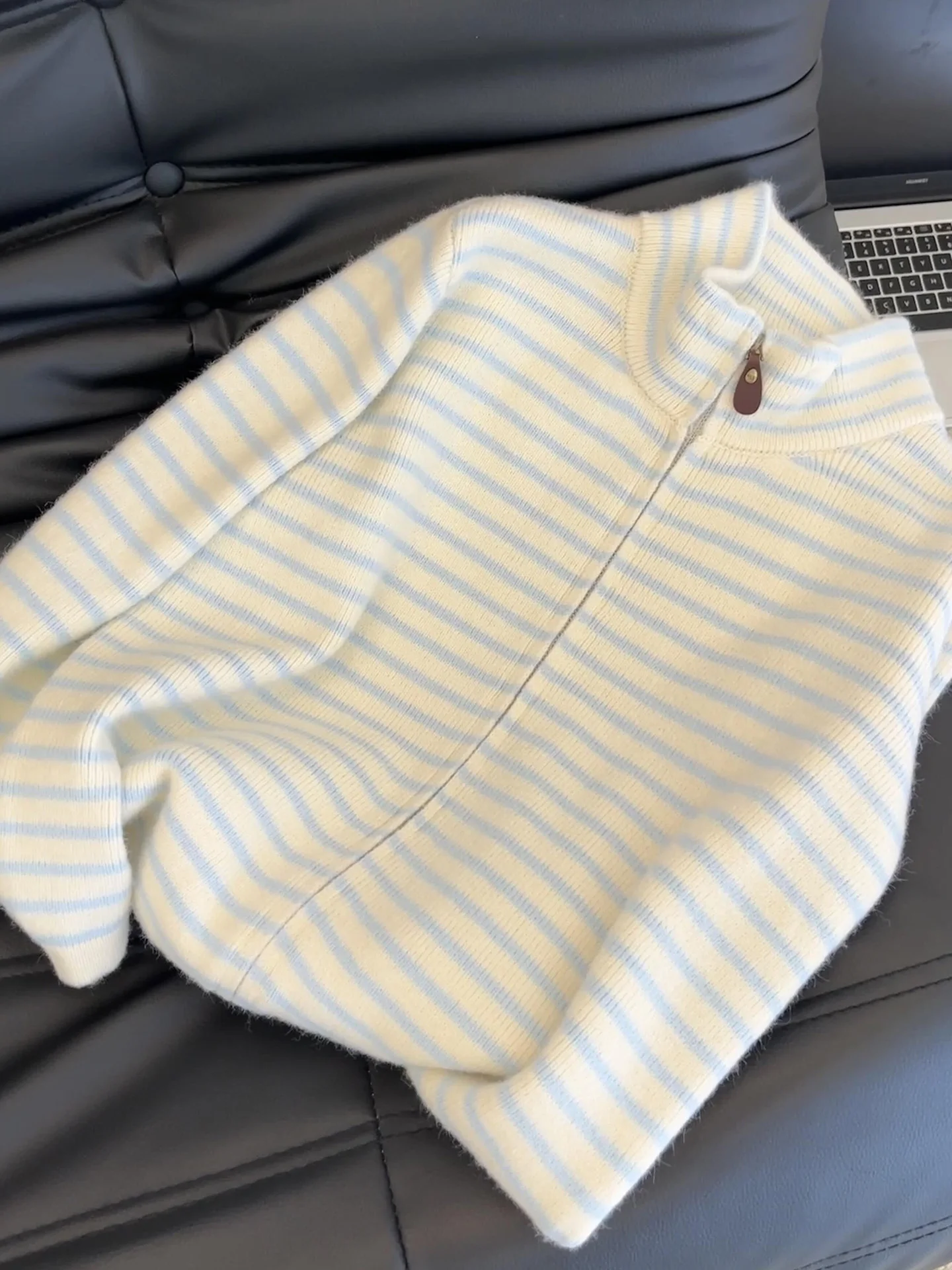 

Korean Sle Soft Blue White Stripes Long Sve Stand Collar Knitted Open Cardigan Women's Spring Autumn Loose Slimming Swea...