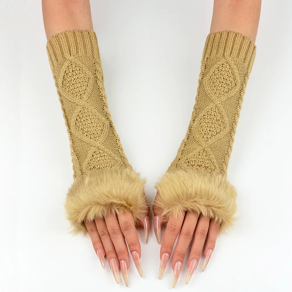Ladies Winter Diamond Knit Arm Warmers Faux Fur Trim Cuff Fingerless Mitts Retro Gothic Y2K Style Knitted Half Finger Gloves