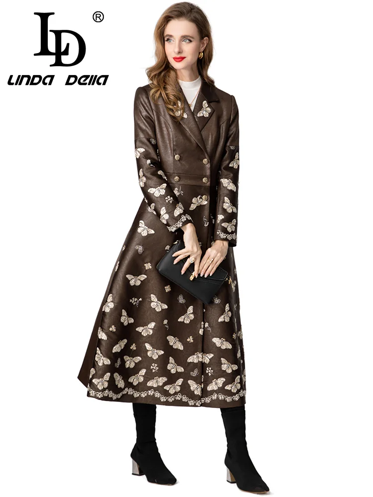 

LD LINDA DELL Butterfly embroidery sequin nail bead double breasted casual commuting long sleeved lapel women's fashionable jack