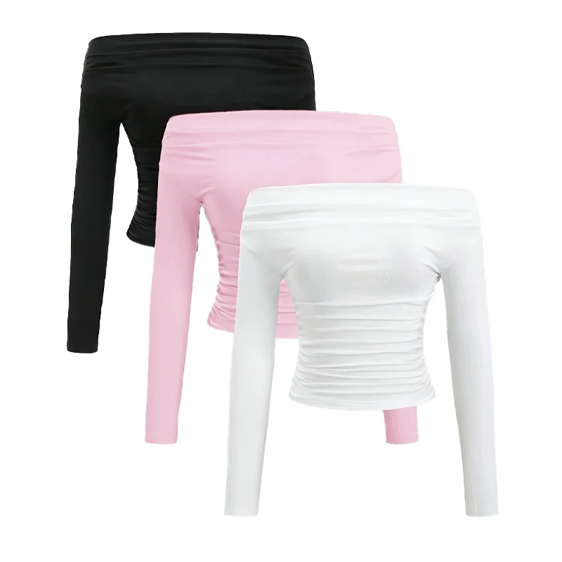 

Autumn Tops Women 3 Piece Set Long Sleeve Off Shoulder Shirts Tight Slim Y2K Fall Sexy Ruched Tee Top Blouses 2025 Trendy Outfit