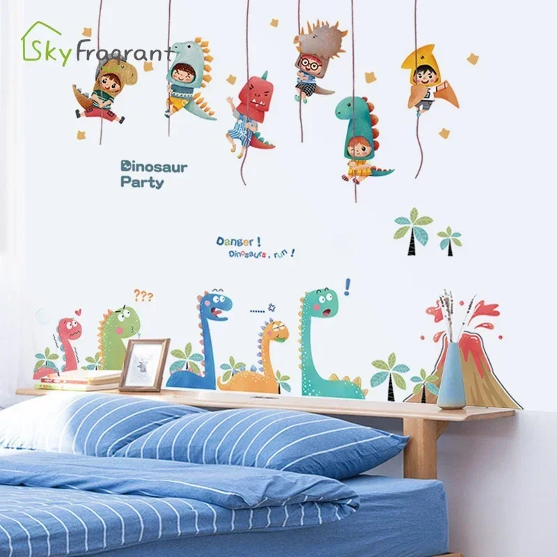 Fun Dinosaur Wall Stickers For Kids Rooms Child Bedroom Wardrobe Cute Home Wall Decoration Self Adhesive Sticker Wallpapers