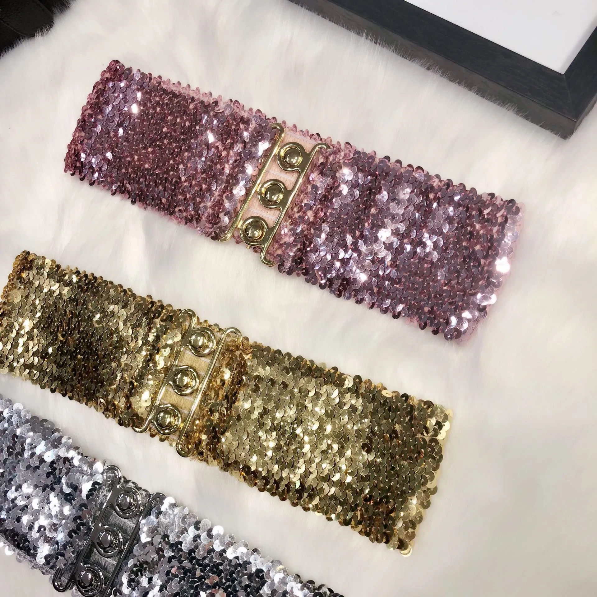 Casual Elastic Black Sequin Metal Buckle Waist Belt Iridescent Green Corset Belt Gold Sequin Wide Waistband