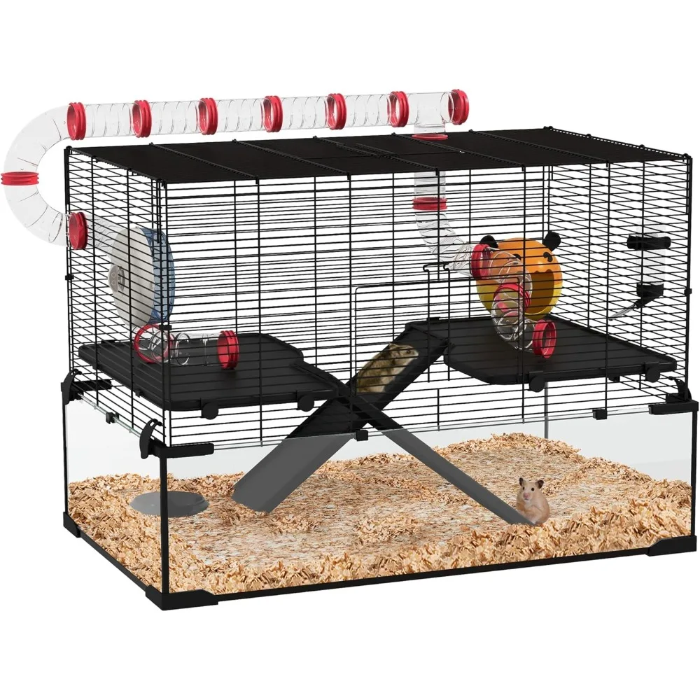 

31" Extra Large Hamster Cage with Tube Tunnel, Small Animal Cage for Dwarf Hamster, Rat, Gerbil Cage with Deep Glass Bottom, Wa