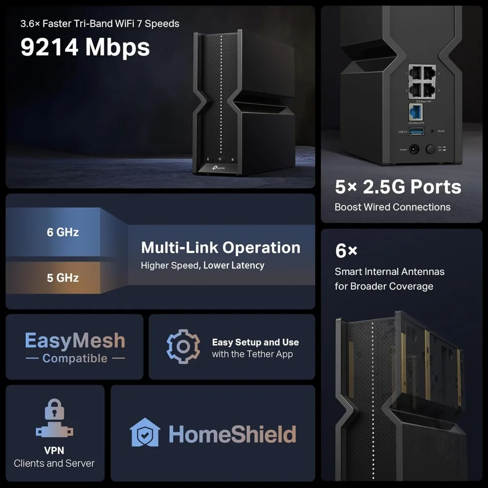 트라이 밴드 와이파이 라우터 아처 BE9300, BE550, 6 스트림, 9.2Gbps USB 3.0 포트 6 개, 스마트 내부 안테나, VPN 클라이언트