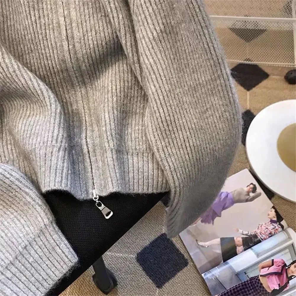 Double Zipper Vintage Flip Collar Women Harajuku Autumn Winter Knitted Cardigan Sweater Jacket Student Korean Version Ladies Top
