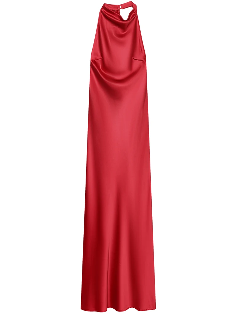 HXAO Sexy rotes Neckholder-Kleid, Damenkleid, Sommer, schick, Satin, rückenfrei, langes Kleid, Midi, ärmellos, Vestidos, elegante Cocktailkleider