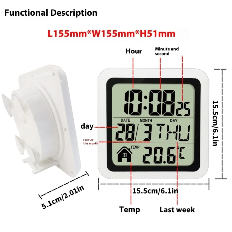 

Digital Shower Clock Indoor or Outdoor Temperature Date Week Display Waterproof
