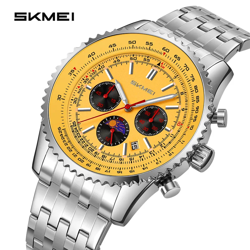 Image of SKMEI 9348 Exquisite Marken-Luxusuhr für Herren mit Mondphase, Wasserdicht, Chronograph, Business-Quarzuhr, Régios Masculino