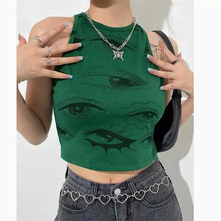 

Y2k Tank Top Harajuku Aesthetics Eyes Print Applique Sleeveless Casual Rock Grunge Streetwear Graphic Emo-Girl Crop Tops