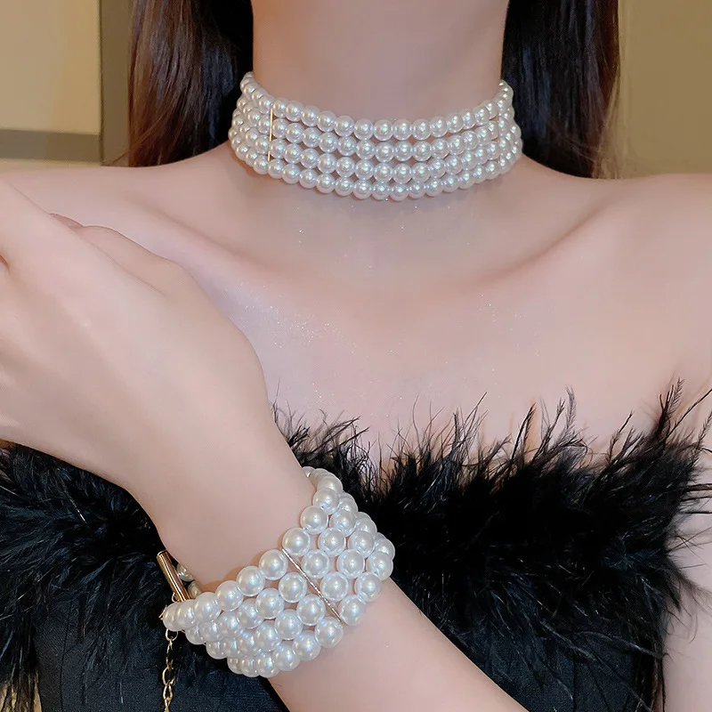 1/2 Pcs Multi-layer Imitation Pearl Chokers Necklaces Set Bride French Elegant Bracelets Dinner Dress Party Wedding Jewelry A1