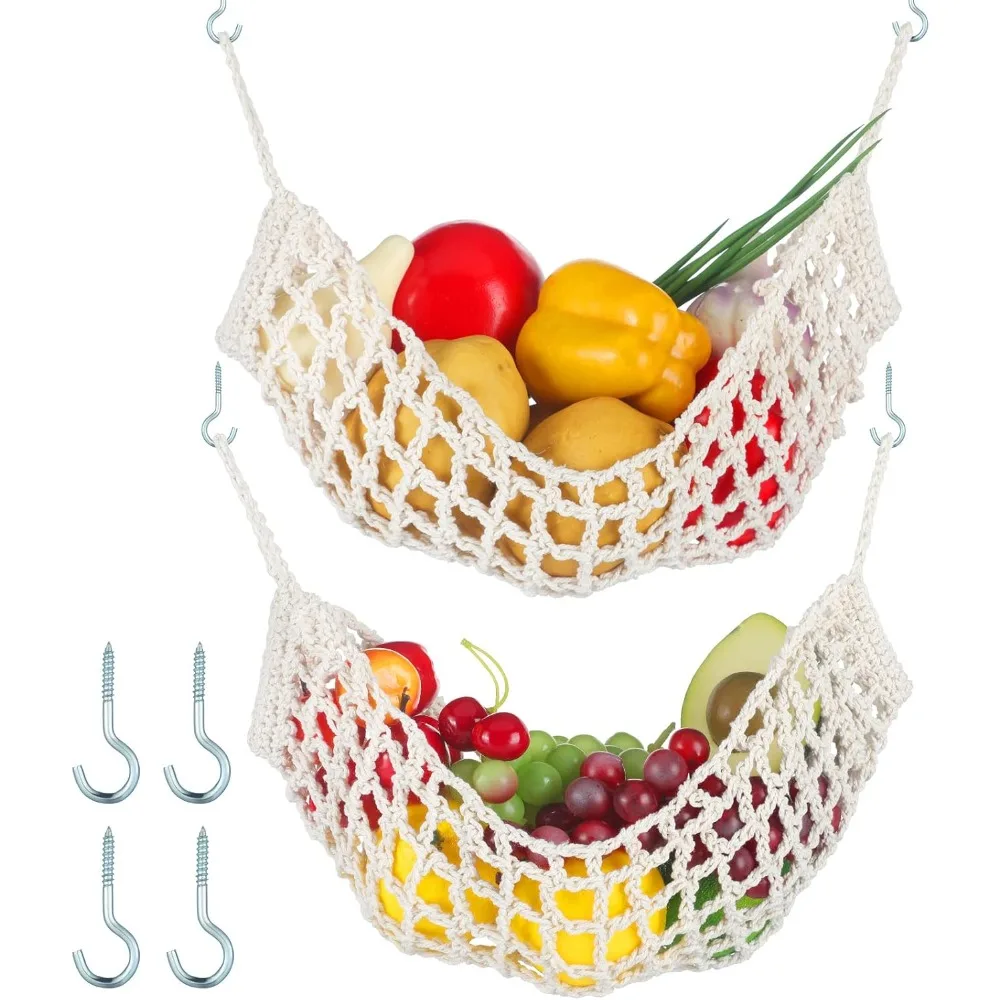 Hamaca grande de macramé para frutas, 11,8x20 pulgadas, debajo del gabinete, hamaca para vegetales y plátano, cesta colgante para frutas, ahorra espacio en mostrador, 2 uds.
