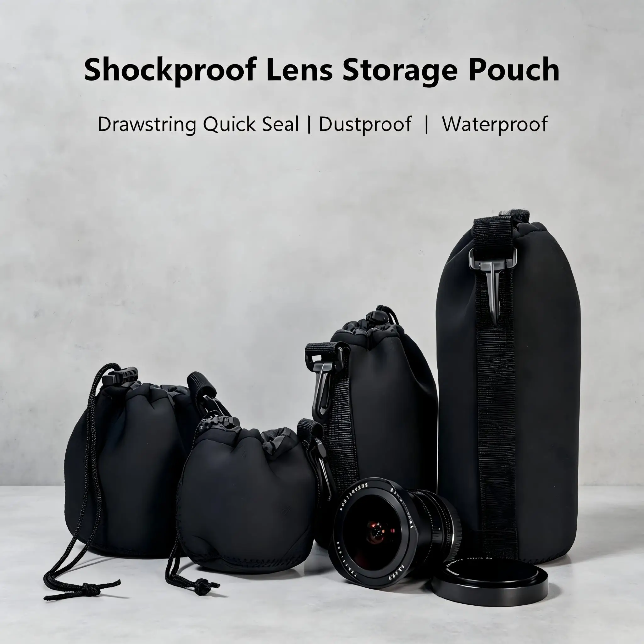 Thick Neoprene Lens Pouch Waterproof Shockproof Drawstring Camera Lens Bag Portable Storage Case for Canon Sony Nikon Fujifilm