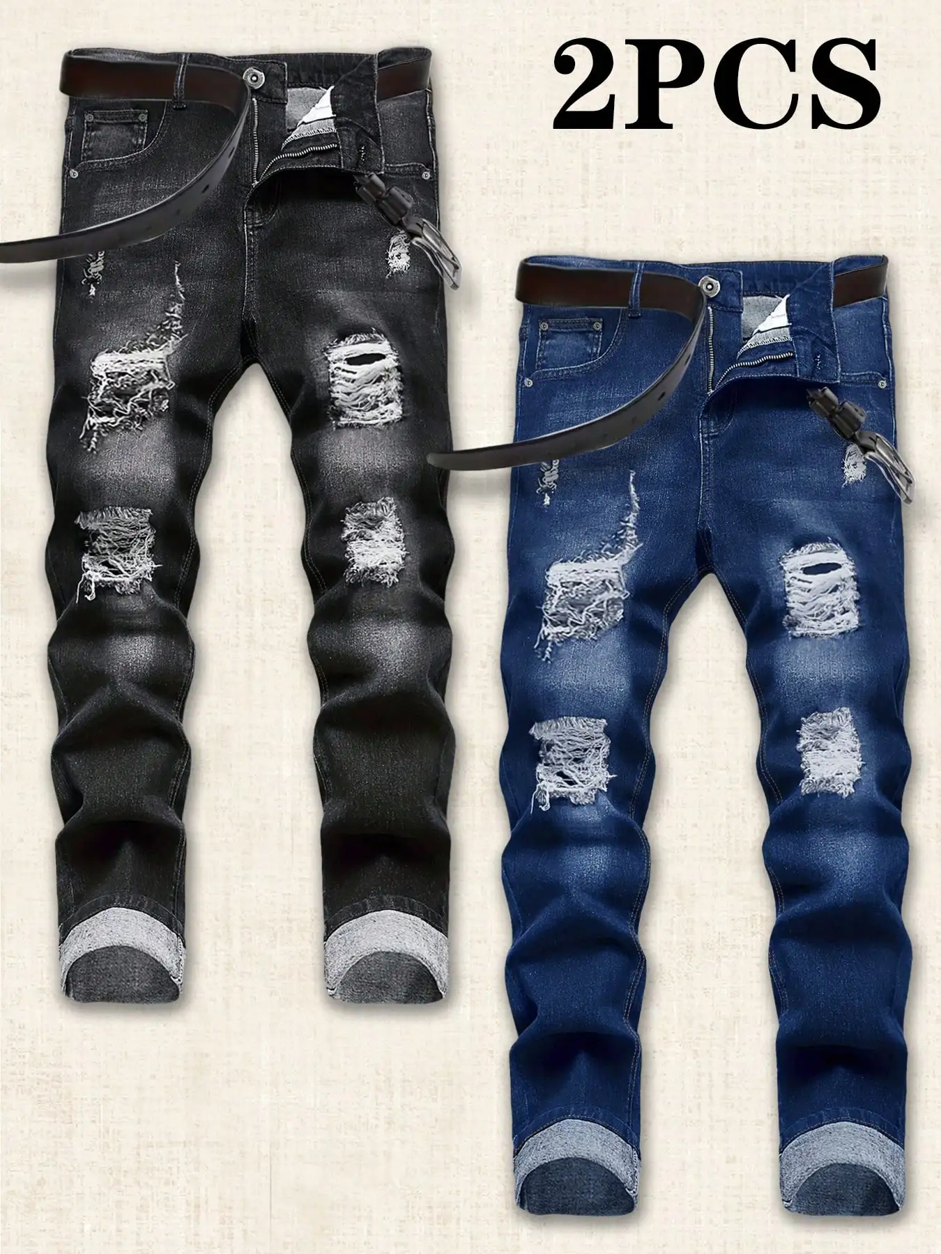 

2PCS Men's Slim Fit Ripped Jeans Zipper Fly Distressed Denim Street Style