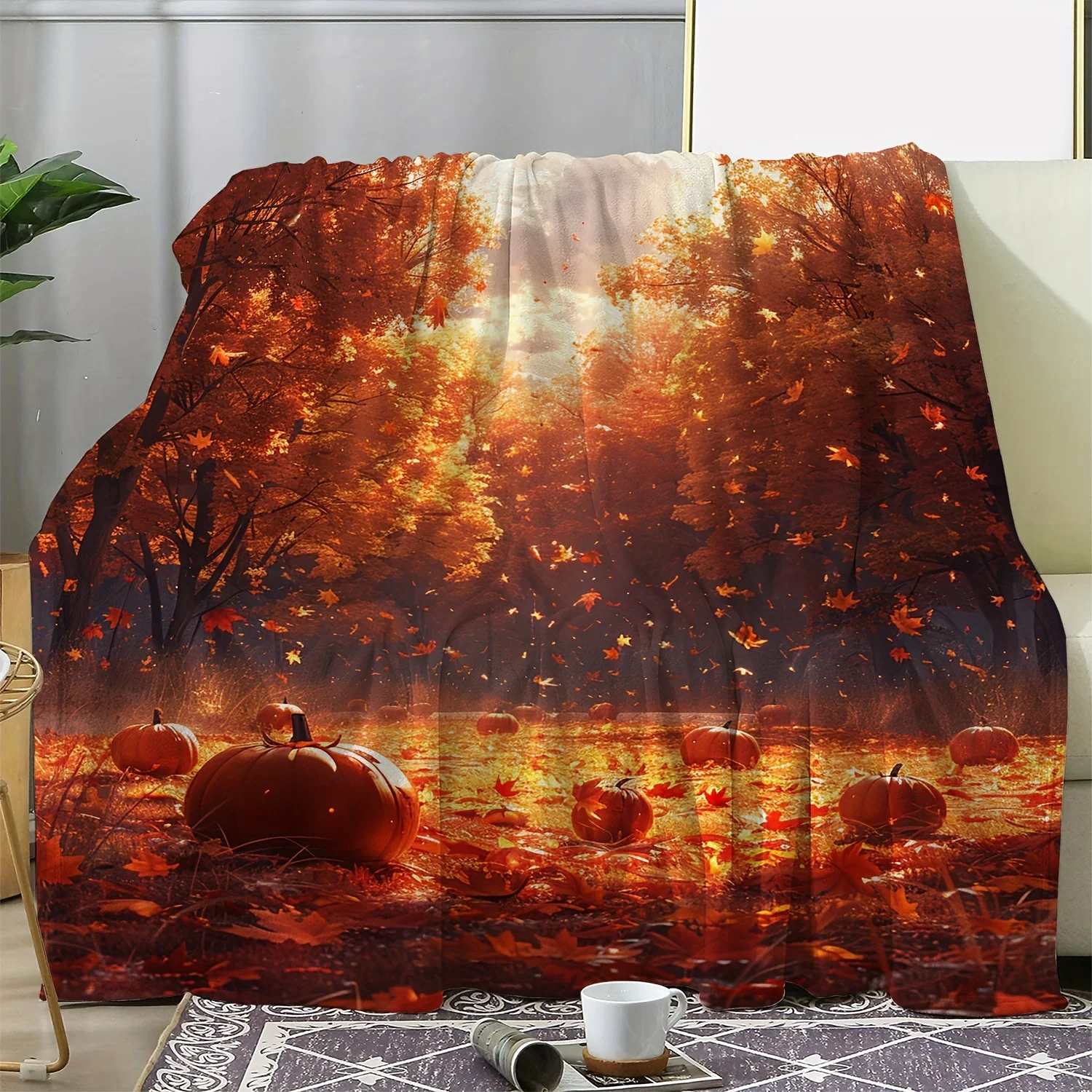 Autumn Maple Pumpkin Leaf Flannel Blanket, Soft Warm All Season Throw for Sofa Bed Car Camping Travel, Universal Gift