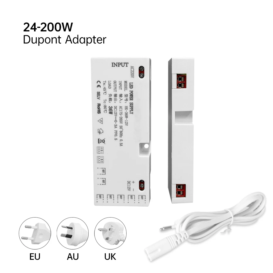 

DC12V 24V Dupont Cabinet Lighting Transformer 24W/36W/60W/100W/150W/200W EU AU UK plug Power Supply LED Lighting Adapter