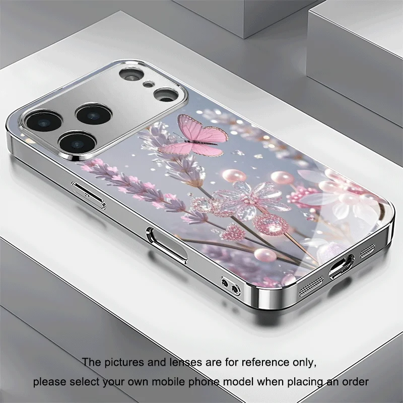 

Pink butterfly flower pearl powder pattern electroplated glass phone case, suitable for iPhone 17/16/15/14/13/12/11, etc.