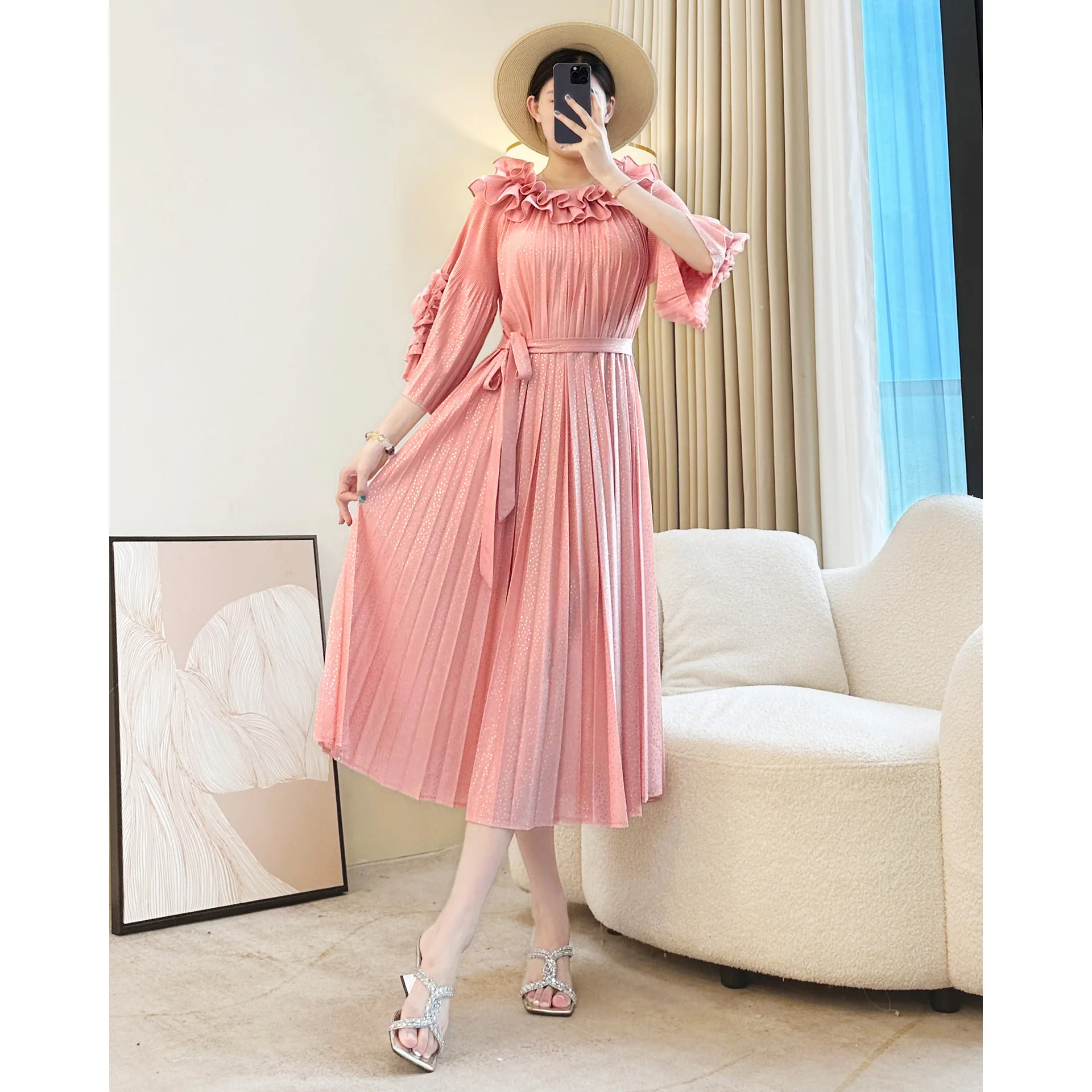 Herfstmode Miyake Geplooide Losse Jurk Effen Kleur Elegante Zevenkwart Mouw Dameskleding Middellange en Lange Jurk