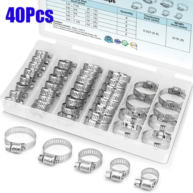 40PCS Hose Clamp Set - 1/4''–1-1/8'' 304 Stainless Steel Worm Gear Hose Clamps Fuel Clips Kit for Pipe Intercooler Plumbing Tube