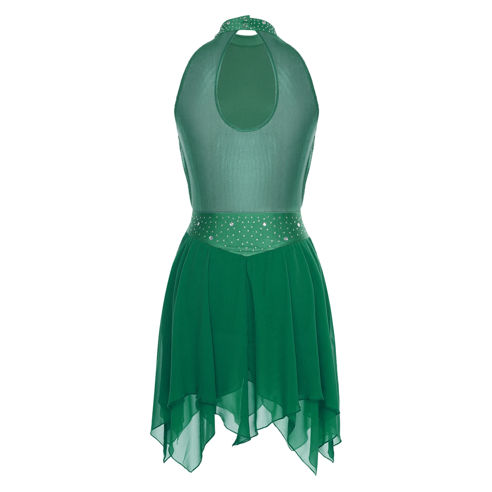 Abito body da danza lirica da donna con volant in rete metallica con strass, abito senza maniche per pattinaggio artistico, danza moderna