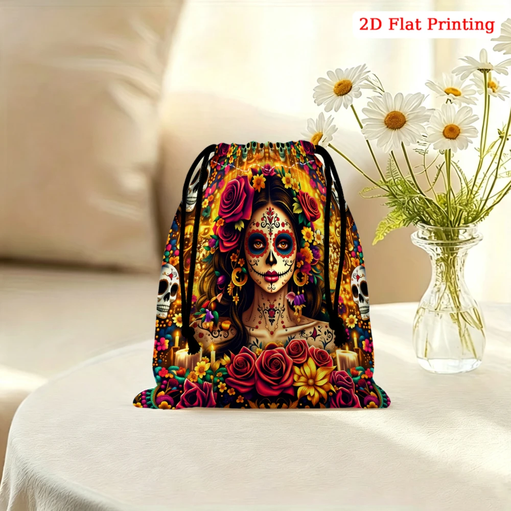 1Pc Sugar Skull Girl Drawstring Bag Colorful Floral 2D Flat Printing Storage Small Pouch Gym Travel Organizer For Women Men Ligh