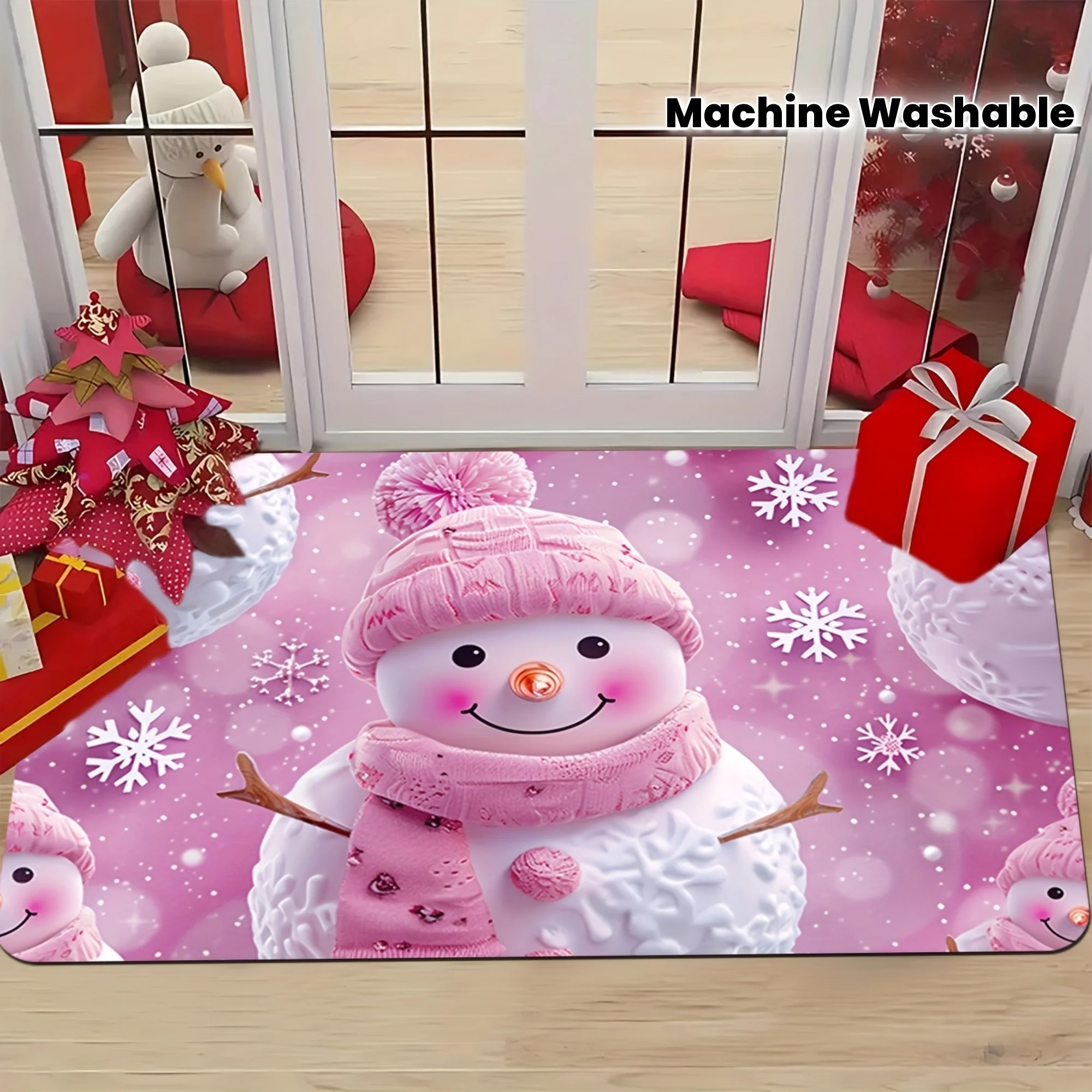VIKAMA Joyful and Adorable Pink Snowman Doormat Rug For Bedroom Carpet For Living Room Soft Absorbent Bathroom Mat Kitchen Rug M