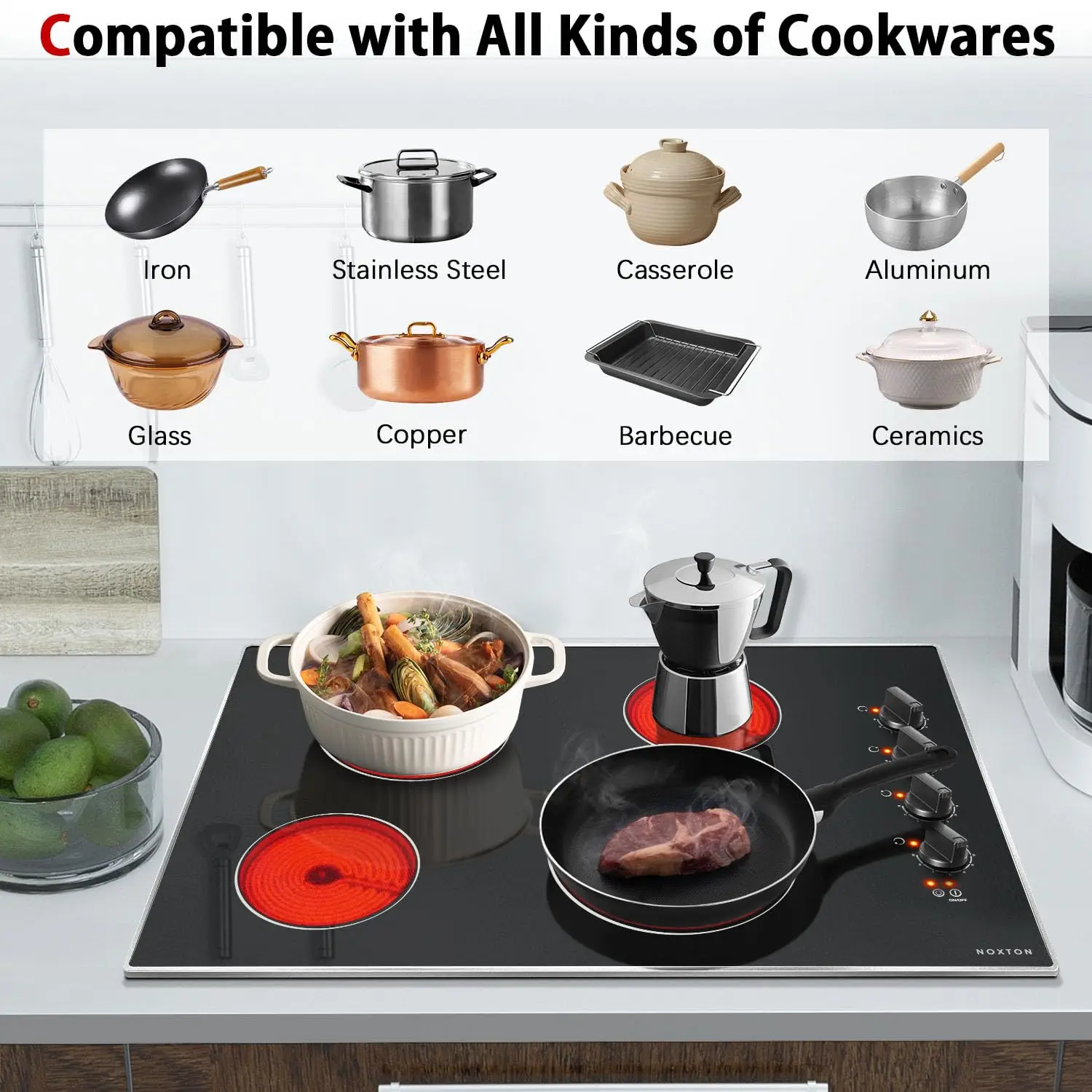 Noxton 30인치 4버너 전기 쿡탑, 내장형 30인치 복사 전기 세라믹 스토브 상판, 220-240v, 플러그 없음, 하드 와이어