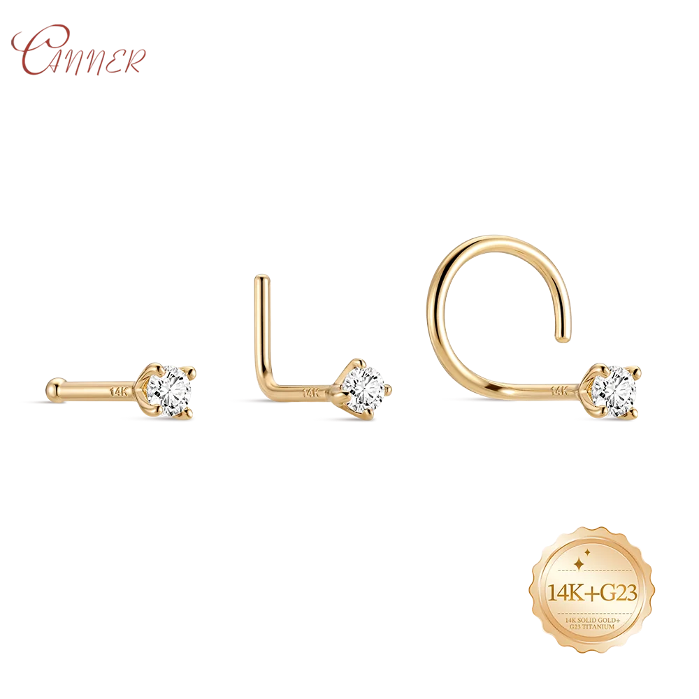 CANNER 14K Solid Gold 1PC Nose Stud Gold Crystal Lips earrings Piercing Body Jewelry Screw L-Shape Retainer Nostril 2-3.5mm Gift