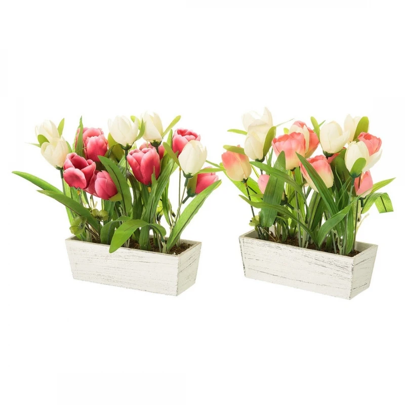 Floral ornaments Pack 2 artificial plant tulipan decorated wooden pot. 48774