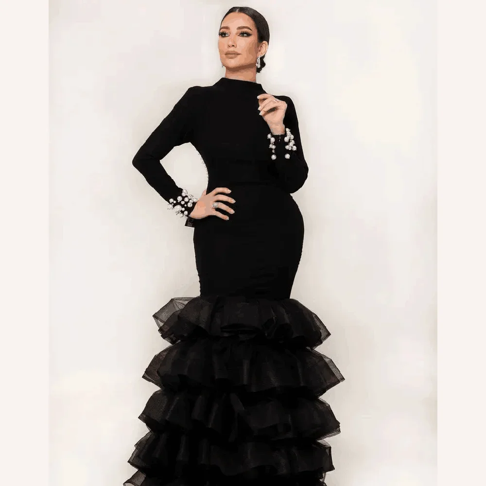 Black Evening Dresses for Women Fashion Pearls Long Sleeves Mermaid Party Gowns Tiered Pleat Formal Occasion Prom Dresses