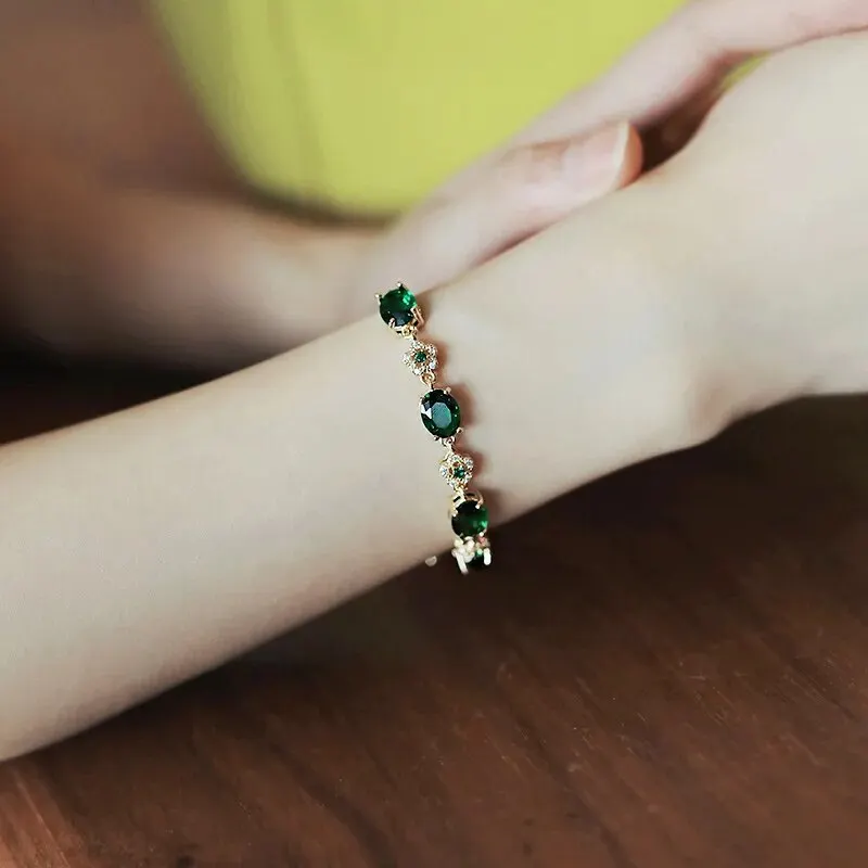 Luxury Green Rhinestone Crystal Bracelet Gold Color Link Chain Bracelets For Women Vintage Party Wedding Bridal Jewelry Gifts K-