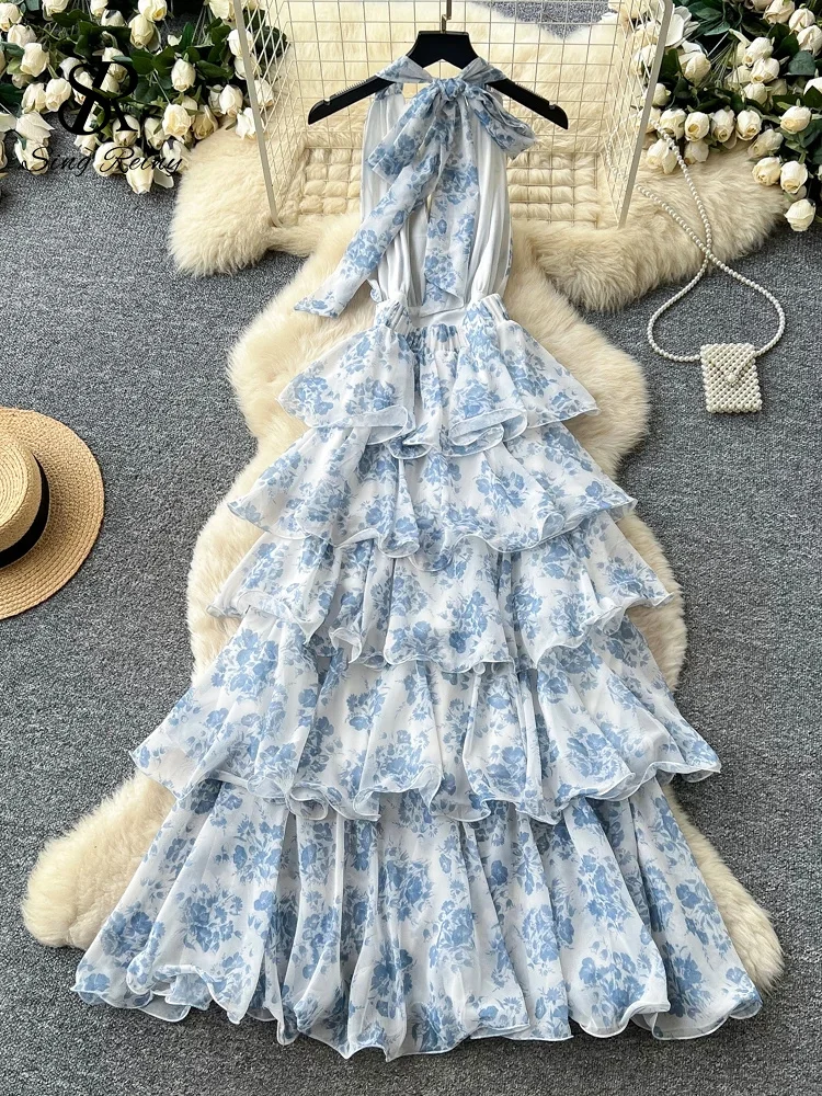 SINGREINY French Floral Party Dress Women Backless Halter V Neck Lace Up A-line… - Image 2