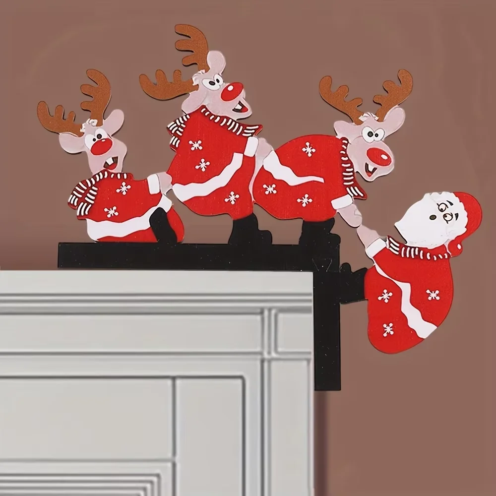 

1 шт., рождественская дверная угловая вывеска с Санта-Клаусом и оленями, скульптура для украшения дома, цельный декор для дверей с оленями Санта-Клауса для праздников