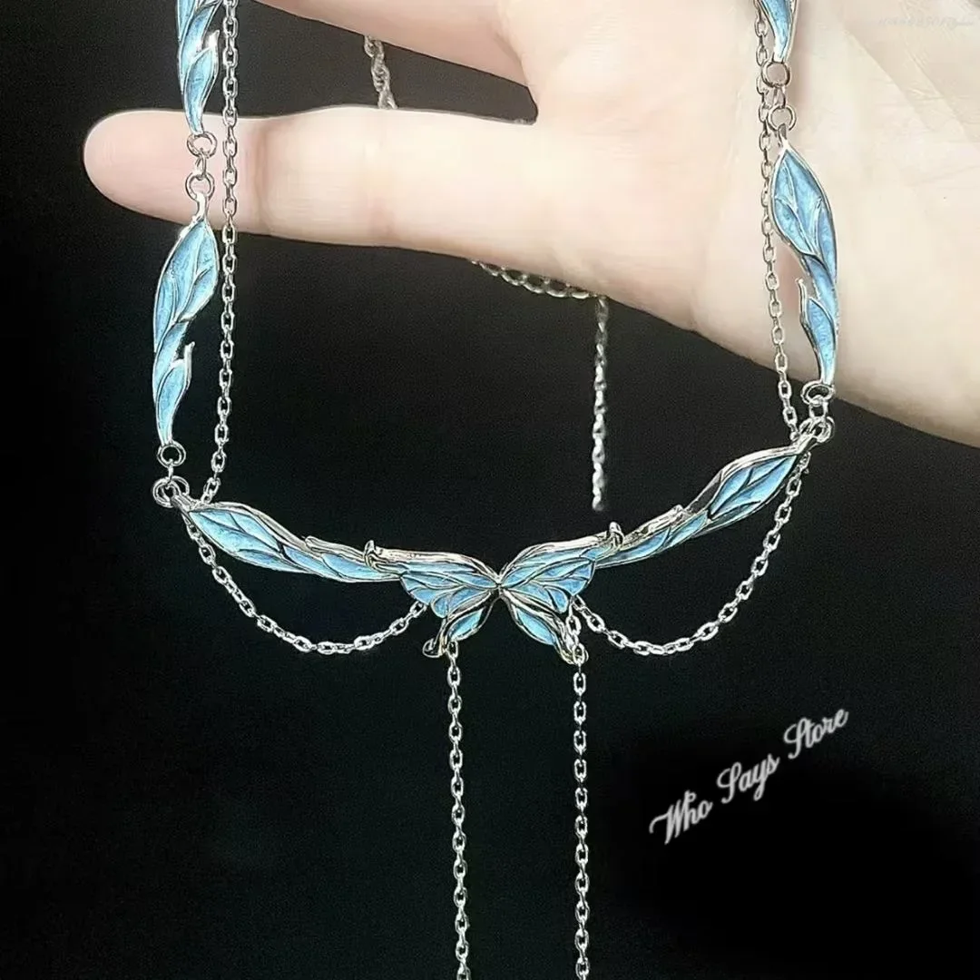 Zircon Butterfly Necklace Layer Blue Four-pointed Ins Style Light Luxury Clavicle Chain for Women Girlfriend Jewelry Gift