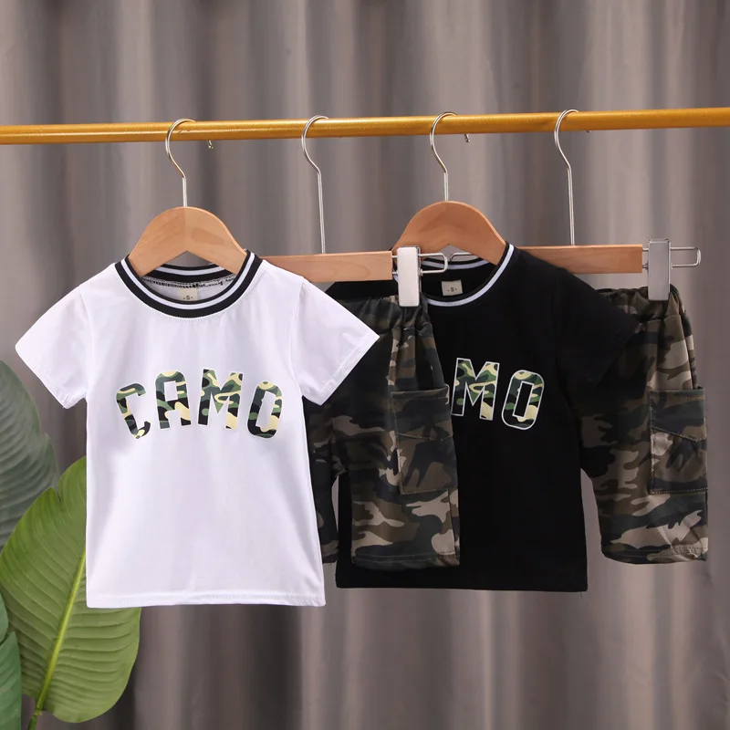 Children's clothing short sleeved set, boys camouflage round neck T-shirt, 2-piece set