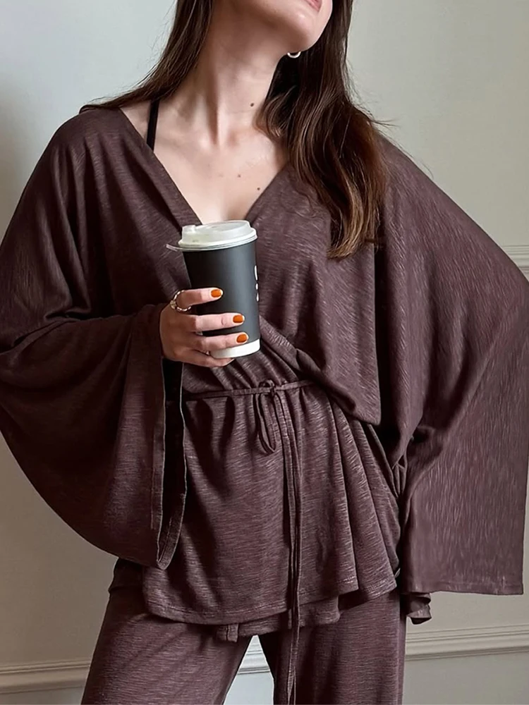 Feminino com decote em v manga comprida topo e calças conjunto de duas peças casual solto pijamas outfit outono inverno macio e confortável homewear terno