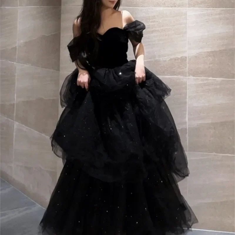 Black New Light Luxury Minority Petti skirt Host Female Art Exam Adult Ceremony Dress