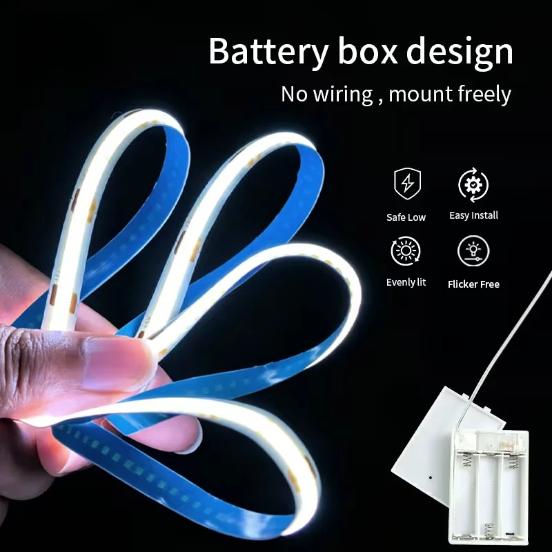 COB White Light Strip with Battery Box and Switch (Batteries Not Included), Even Bright No Dark Spots, No Wiring Needed