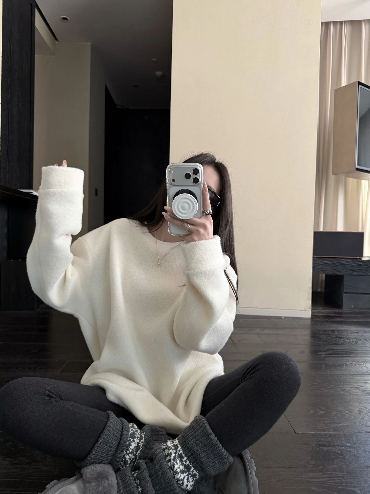 

Мягкий хлопковый свитшот Superniniyy из искусственного меха ягненка, оверсайз, женский, с круглым вырезом, длинными рукавами, средней длины, свободного кроя, осень-зима