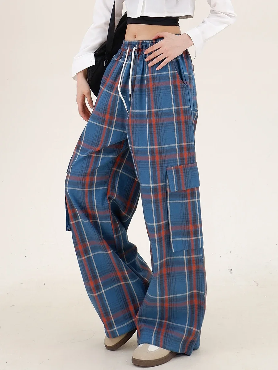 Plaid Big Pocket Casual Pants Women's 2024 Autumn New Loose Bf American Retro Mopping Wide Legs