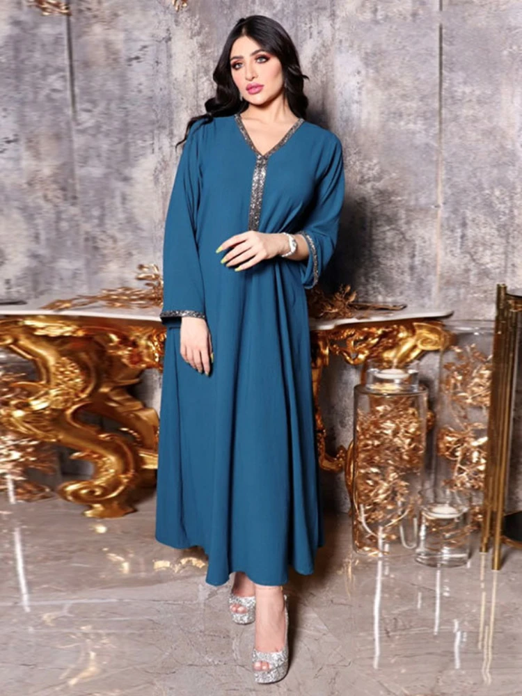 Ramadan marocco Party Dress donna musulmano Abaya Eid Lace-up Dubai Abaya Diamond Kaftan V Neck Robe Vestidos turchia Gown 2023