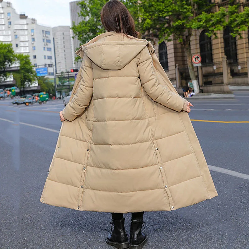 New Winter Thick Warm Padded Jacket Long Down Parka Overcoat Women Down Cotton Jacket Oversized Female Casual Hooded Outwear 3XL