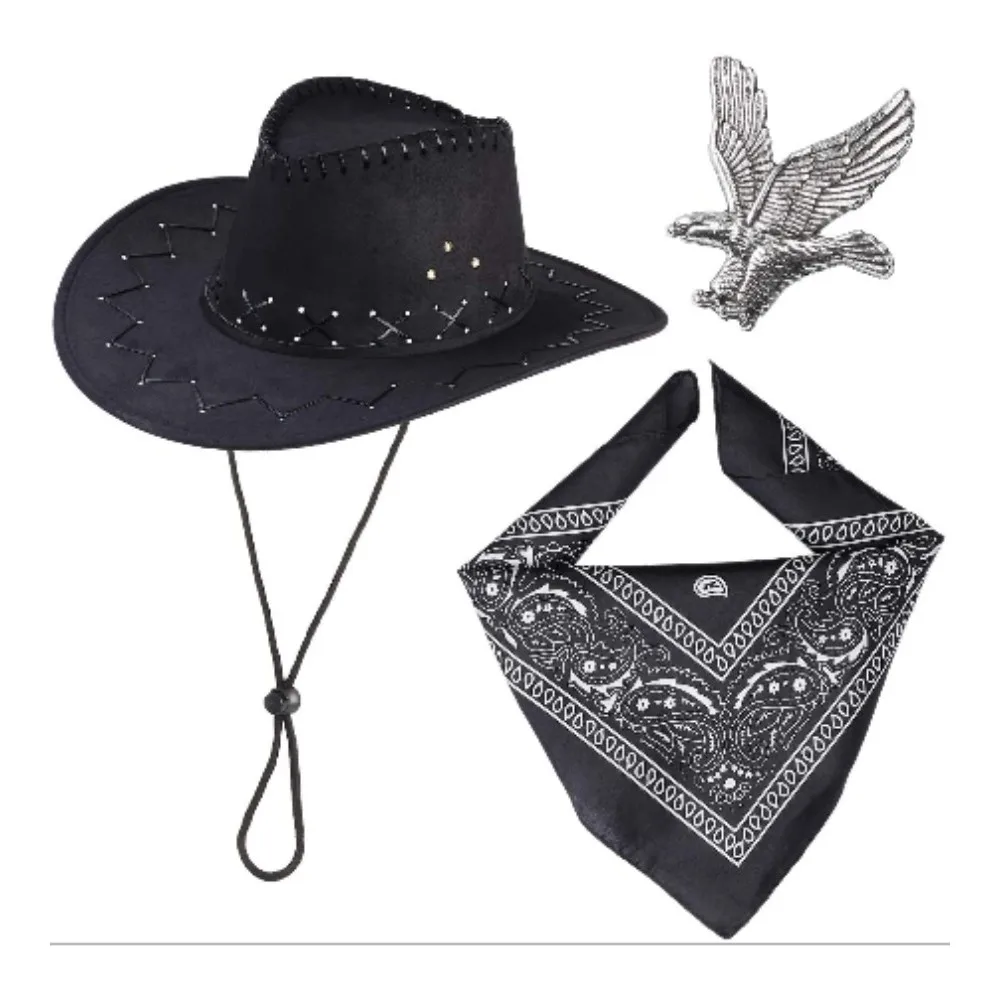 PESENAR conjunto de accesorios de disfraz de vaquero occidental, sombrero de vaquero, pañuelo, pin, kit de mezclilla, vestido de fiesta de Halloween