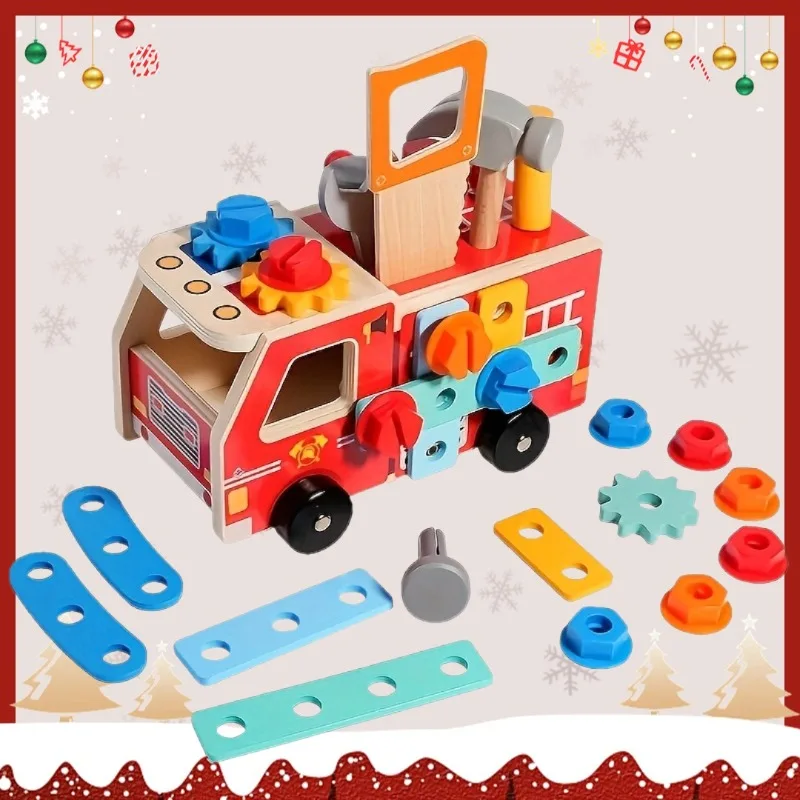 Set Holz Feuerwehrauto Mutter Auto Kombination Schraube Demontage Montage Rollenspielzeug Spielzeug Junge Lerngeschenk für Kinder ab 3 Jahren